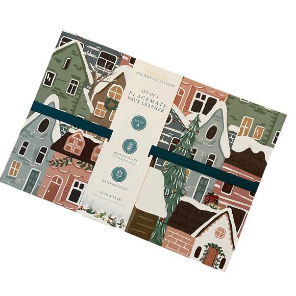 Envogue Christmas Village Faux Leather Placemats 13x19 Set of 4 New - Picture 2 of 10